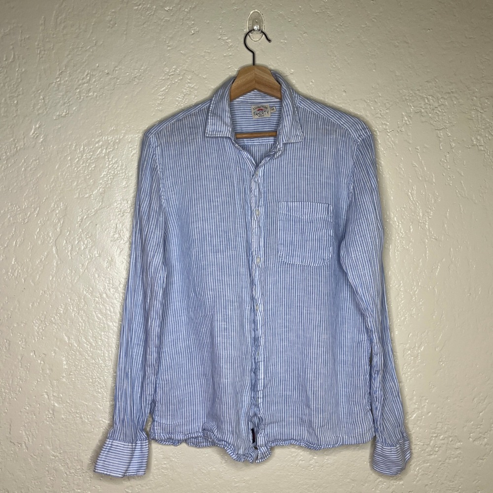 Faherty Brand Blue White Striped 100% Linen Button Down Shirt MWU2312 Womens M